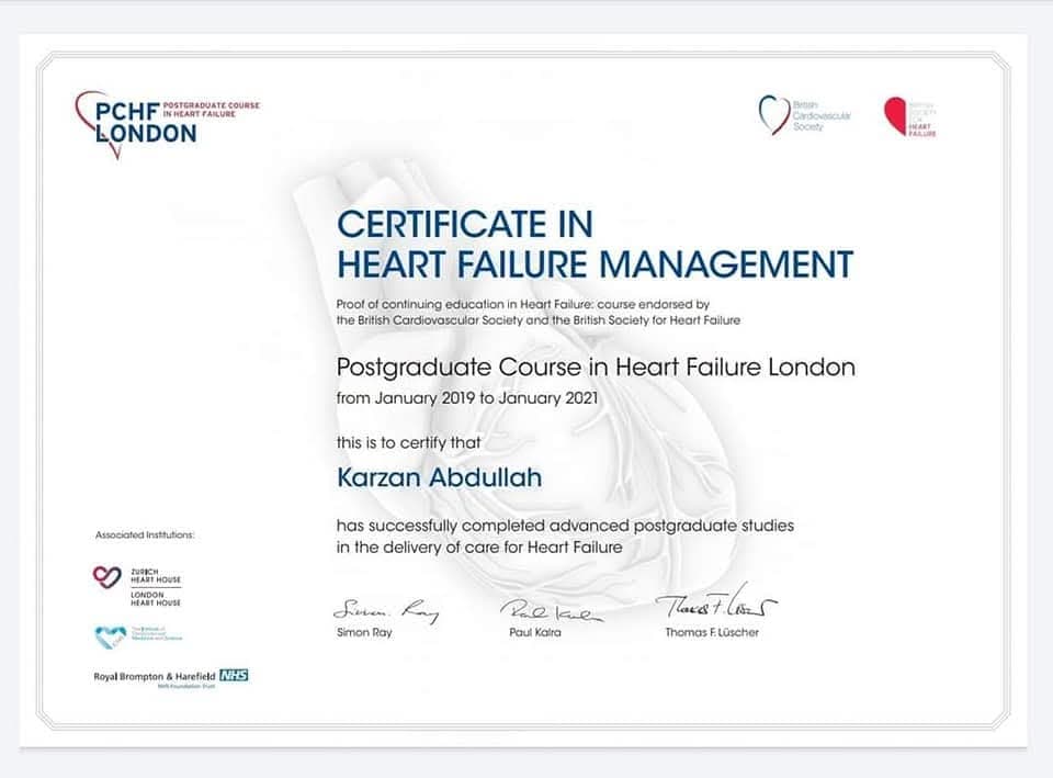 Postgraduate Certificate in Heart Failure Management awarded to Dr. Karzan Mohammed Abdullah